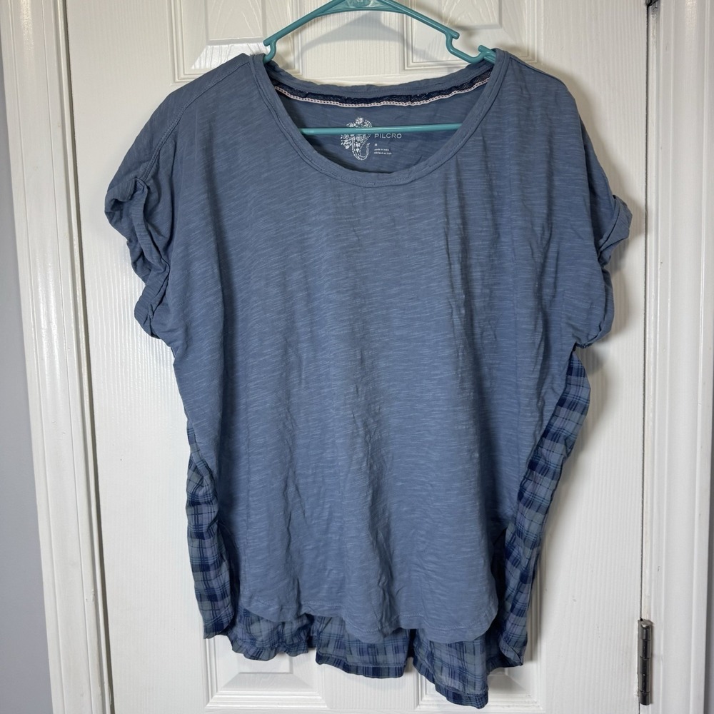Anthropologie Pilcro Blue Mixed Media Plaid Short Sleeve Cuffed T-Shirt Size M